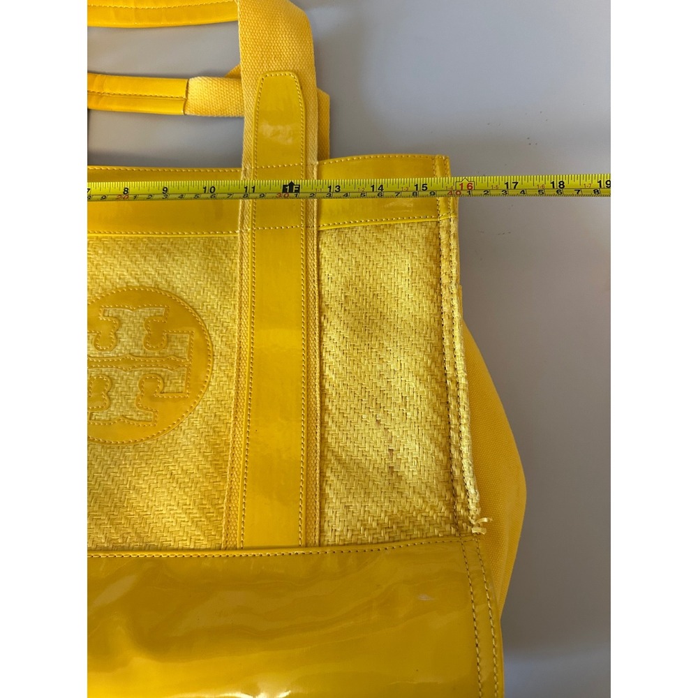 Tory Burch Ella Tote Yellow Patent Leather Woven Straw Butterfly Lining Bag - Picture 6 of 8
